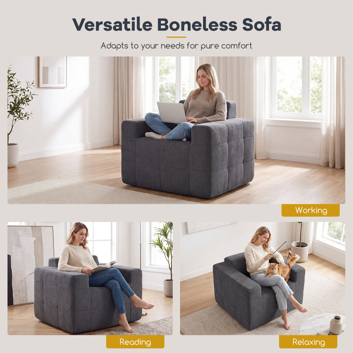 Boneless Single Sofa Chair Cloud Sofa with Terry Cloth Upholstery-Grey-Sofas & Loveseats-DECOROLALA