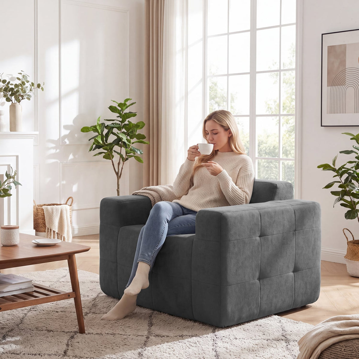 Boneless Single Sofa Chair Cloud Sofa with Terry Cloth Upholstery-Grey-Sofas & Loveseats-DECOROLALA