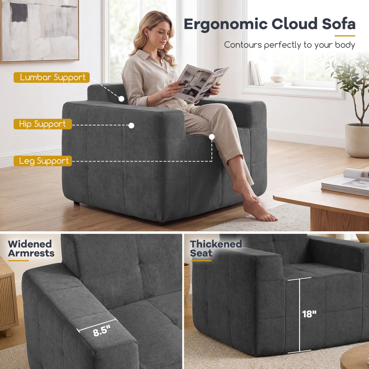 Boneless Single Sofa Chair Cloud Sofa with Terry Cloth Upholstery-Grey-Sofas & Loveseats-DECOROLALA