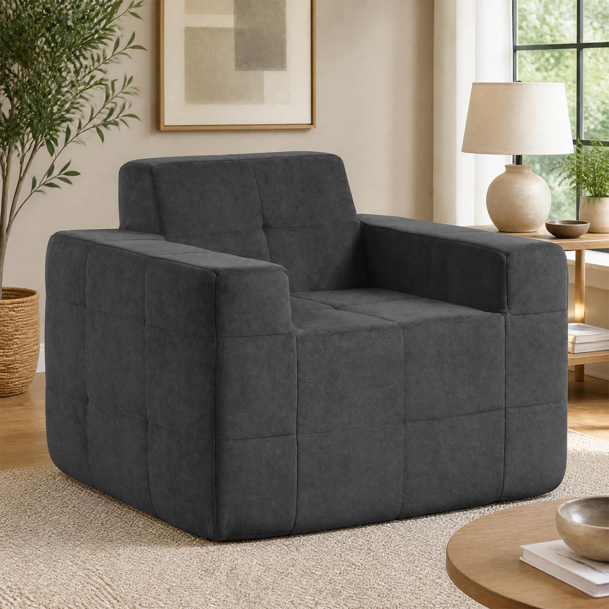 Boneless Single Sofa Chair Cloud Sofa with Terry Cloth Upholstery-Grey-Sofas & Loveseats-DECOROLALA