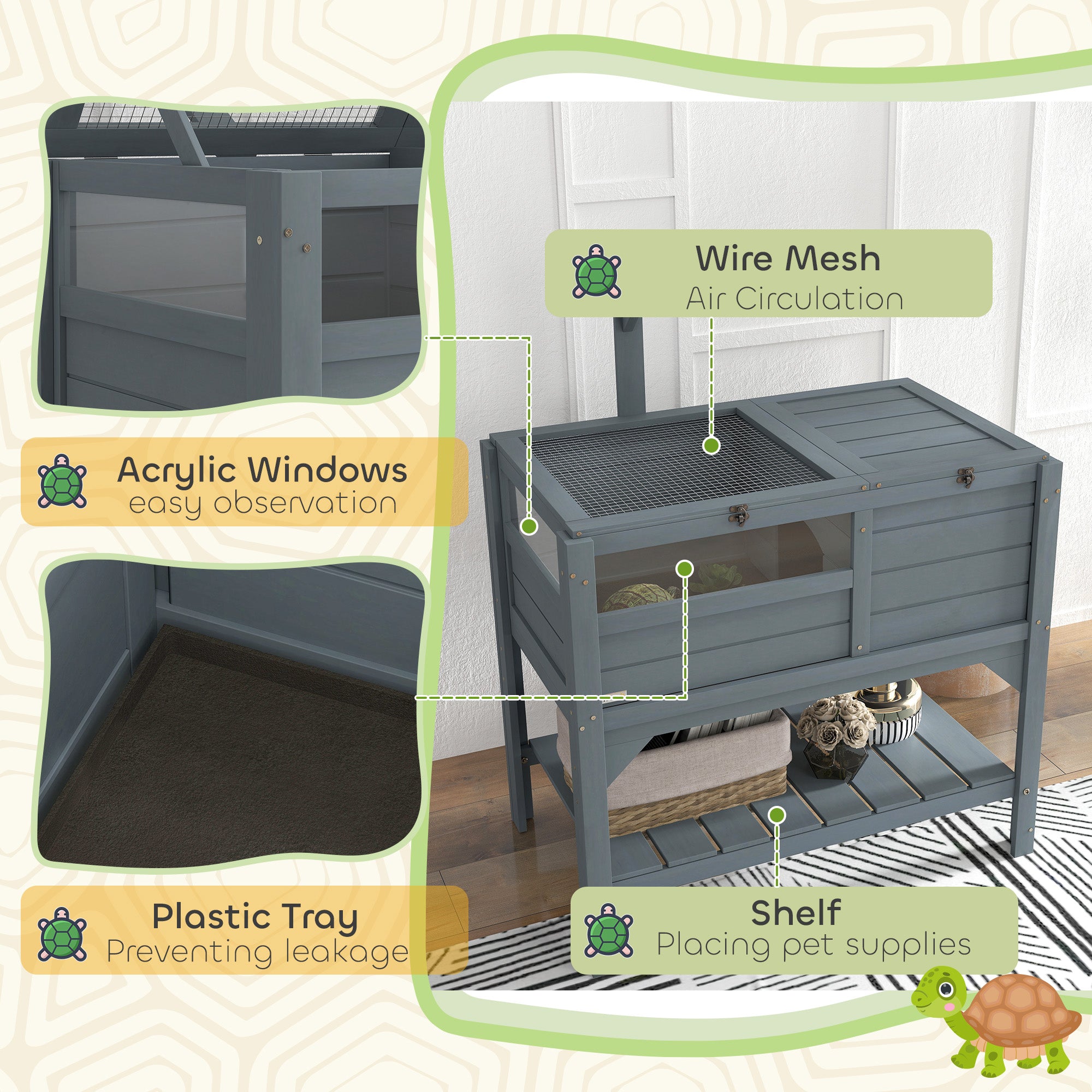 Wooden Tortoise House Habitat with Shelf, Light Support Frame, Tray for Indoor Use, 33" L x 20" W x 41" H