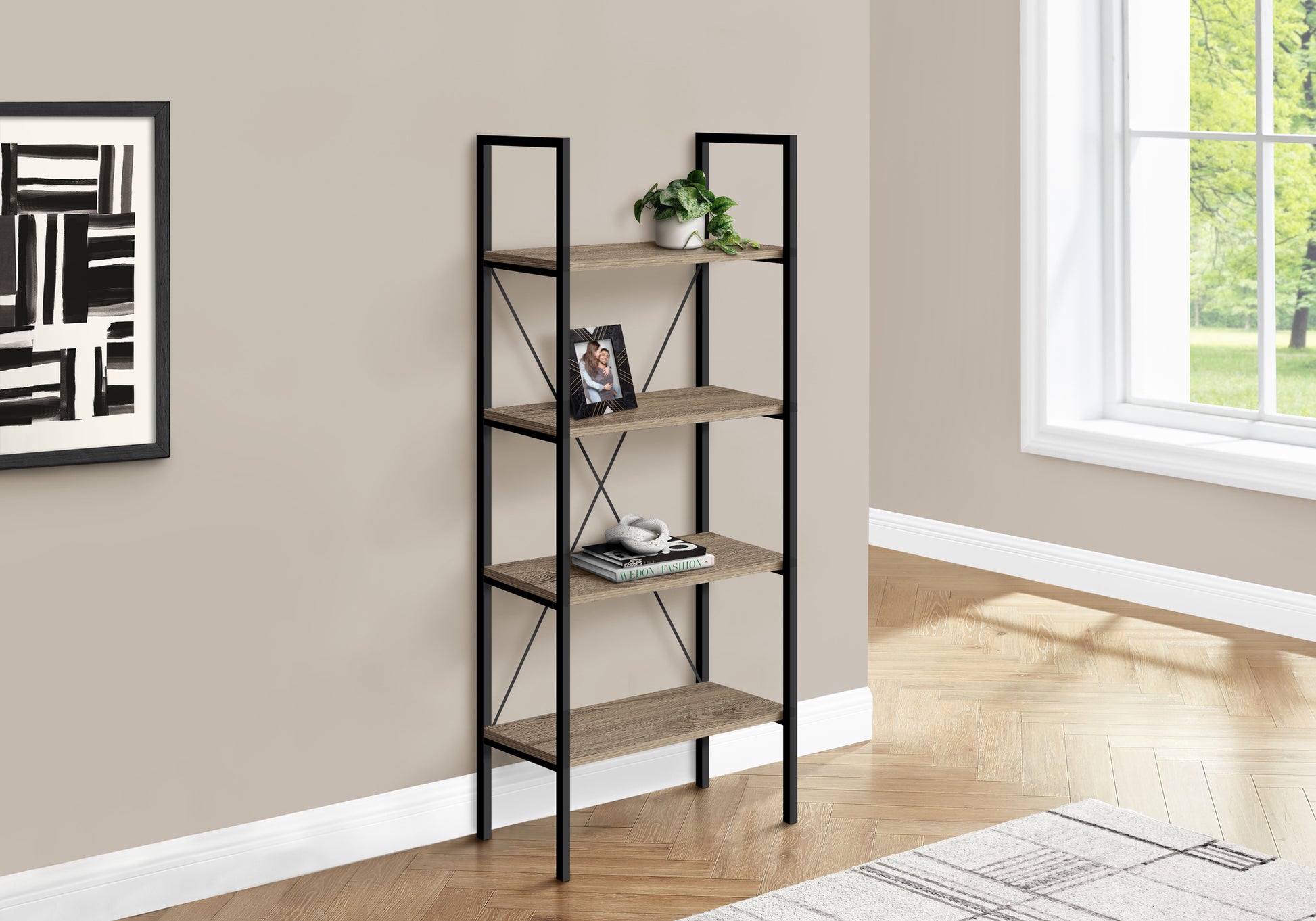 Bookcase 4-Shelf 48"H Dark Taupe Black Metal-Bookshelf-DECOROLALA