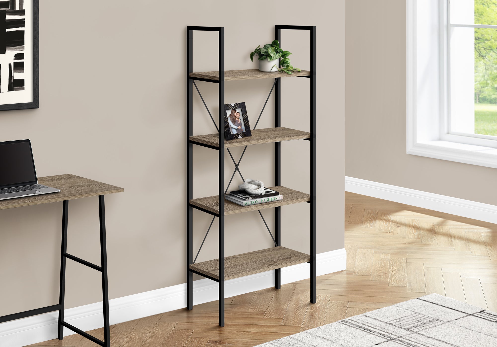 Bookcase 4-Shelf 48"H Dark Taupe Black Metal-Bookshelf-DECOROLALA
