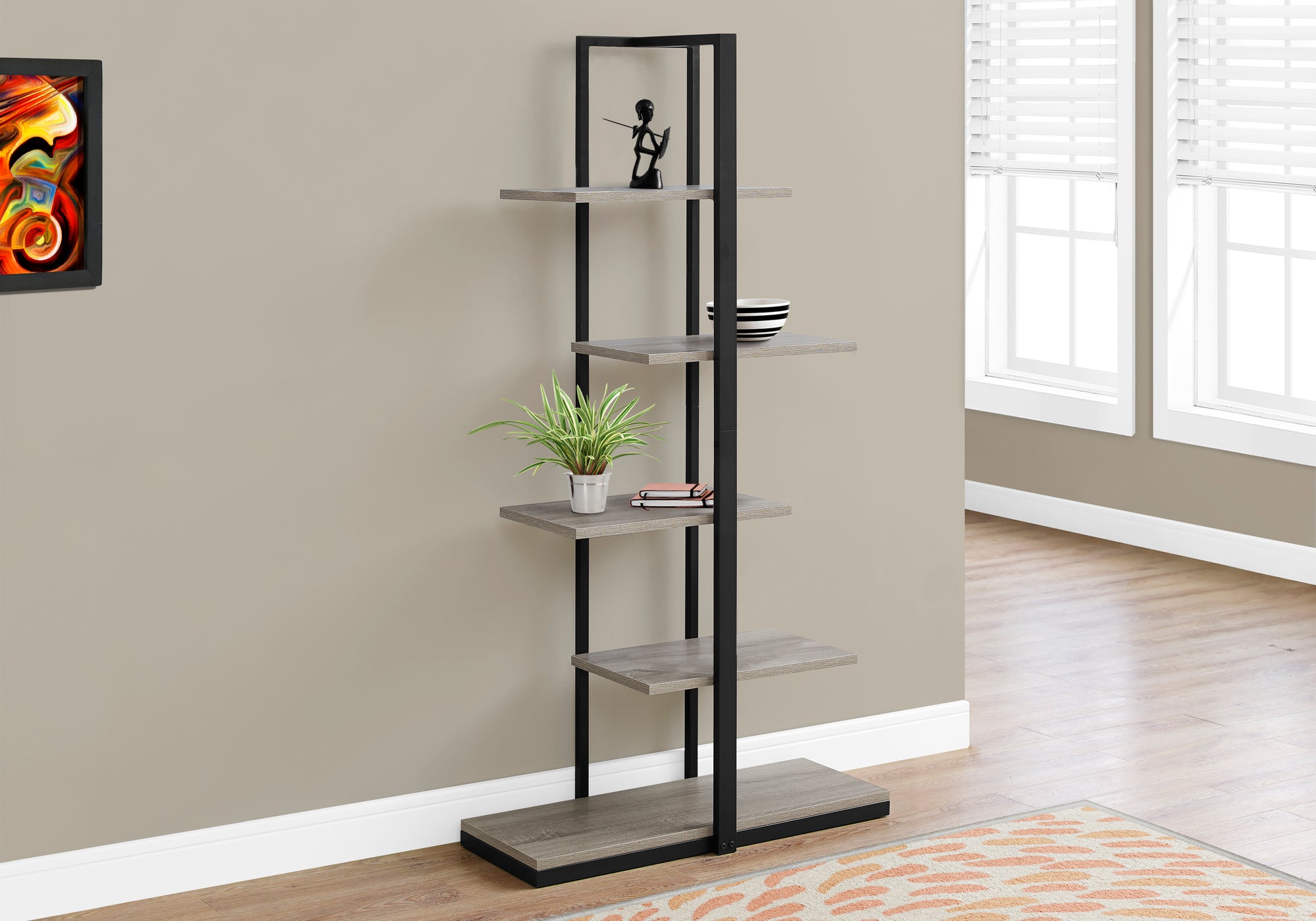 Bookcase 60"H Asymmetrical Zig-Zag Design Taupe/Black-Computer Desk-DECOROLALA