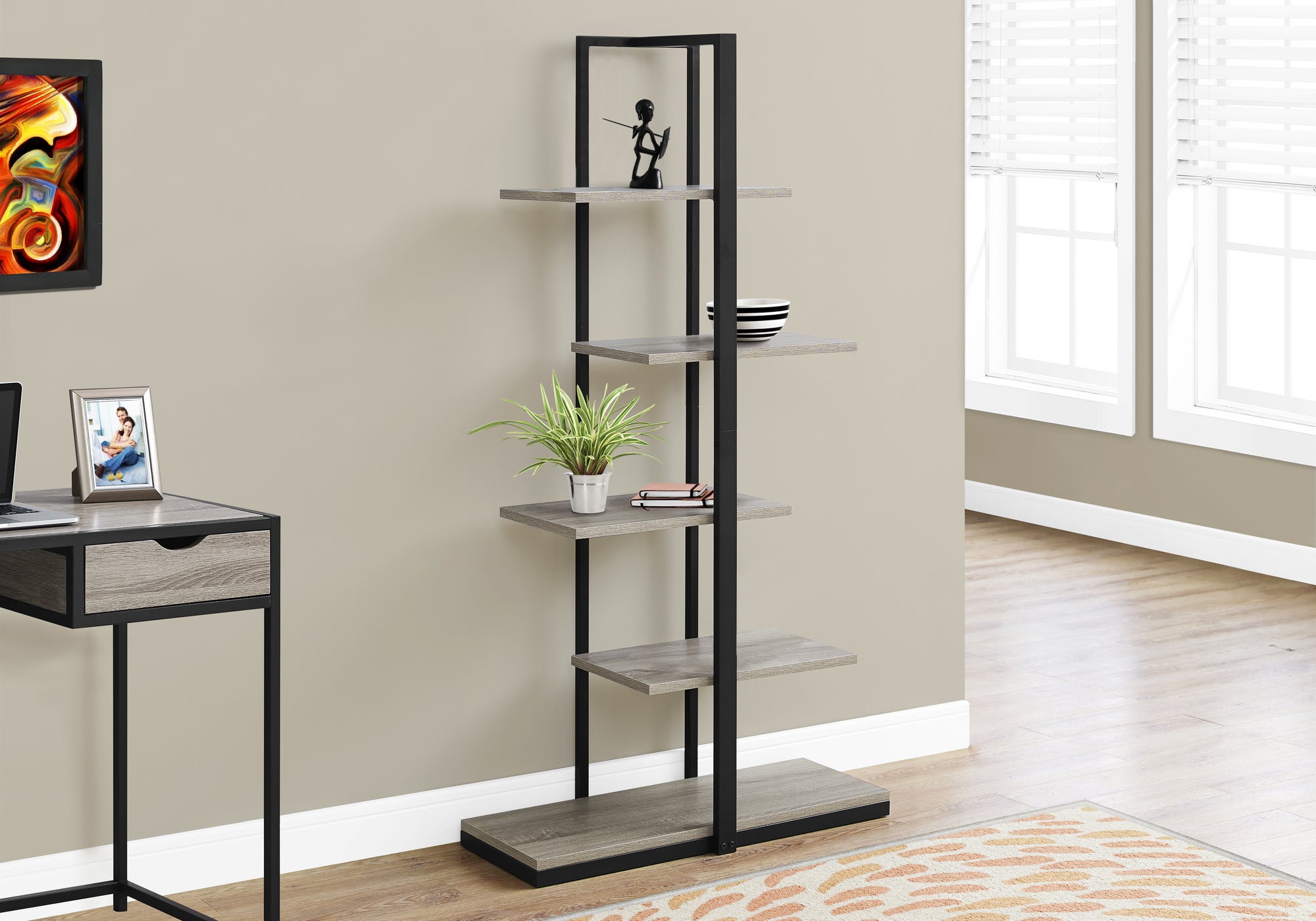 Bookcase 60"H Asymmetrical Zig-Zag Design Taupe/Black-Computer Desk-DECOROLALA