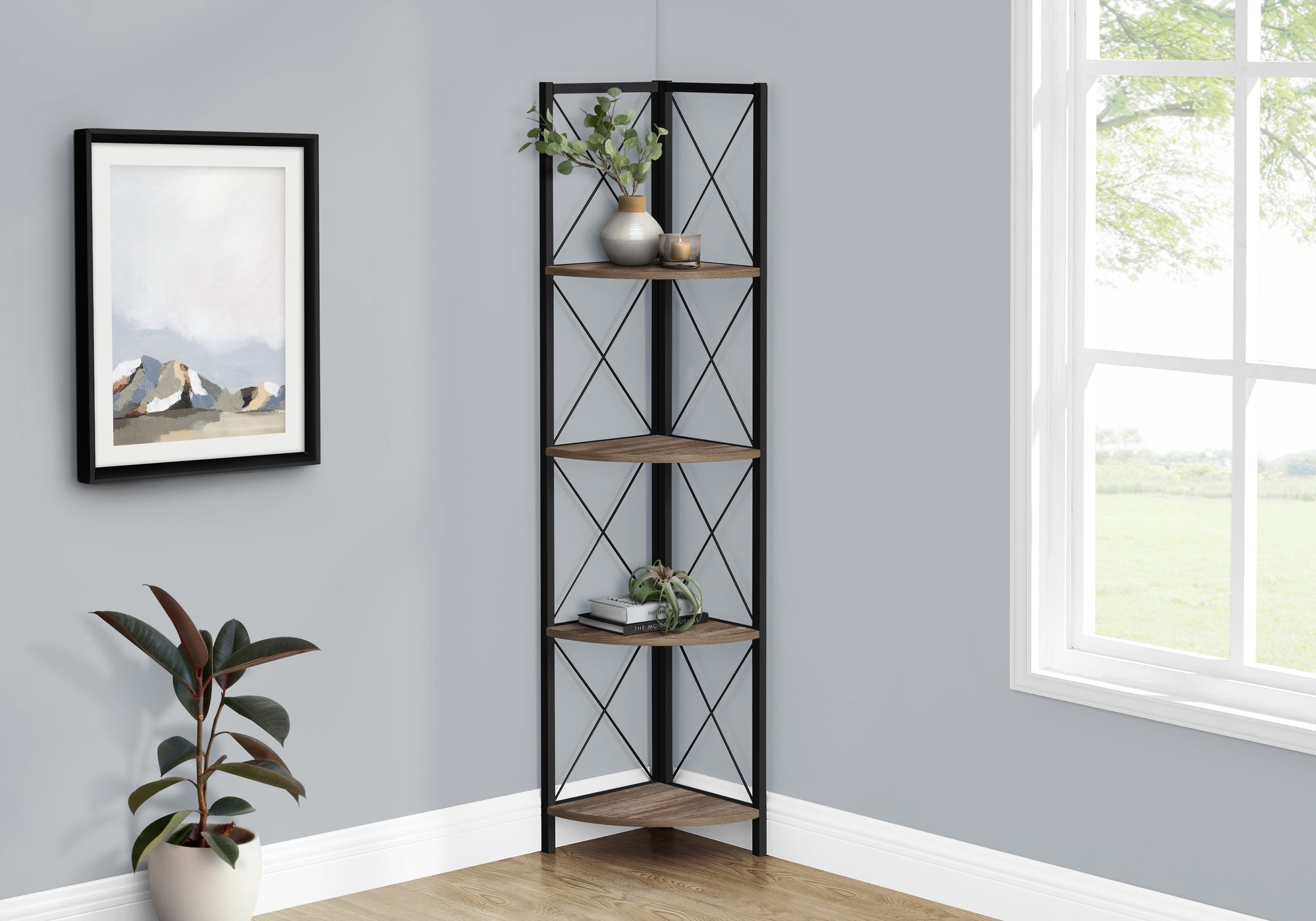 Bookcase - 60"H / Espresso / Black Metal Corner Etagere-Bookshelf-DECOROLALA