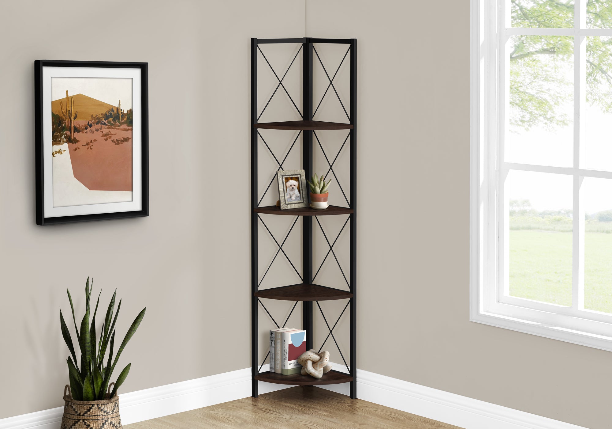 Bookcase - 60"H / Espresso / Black Metal Corner Etagere-Bookshelf-DECOROLALA