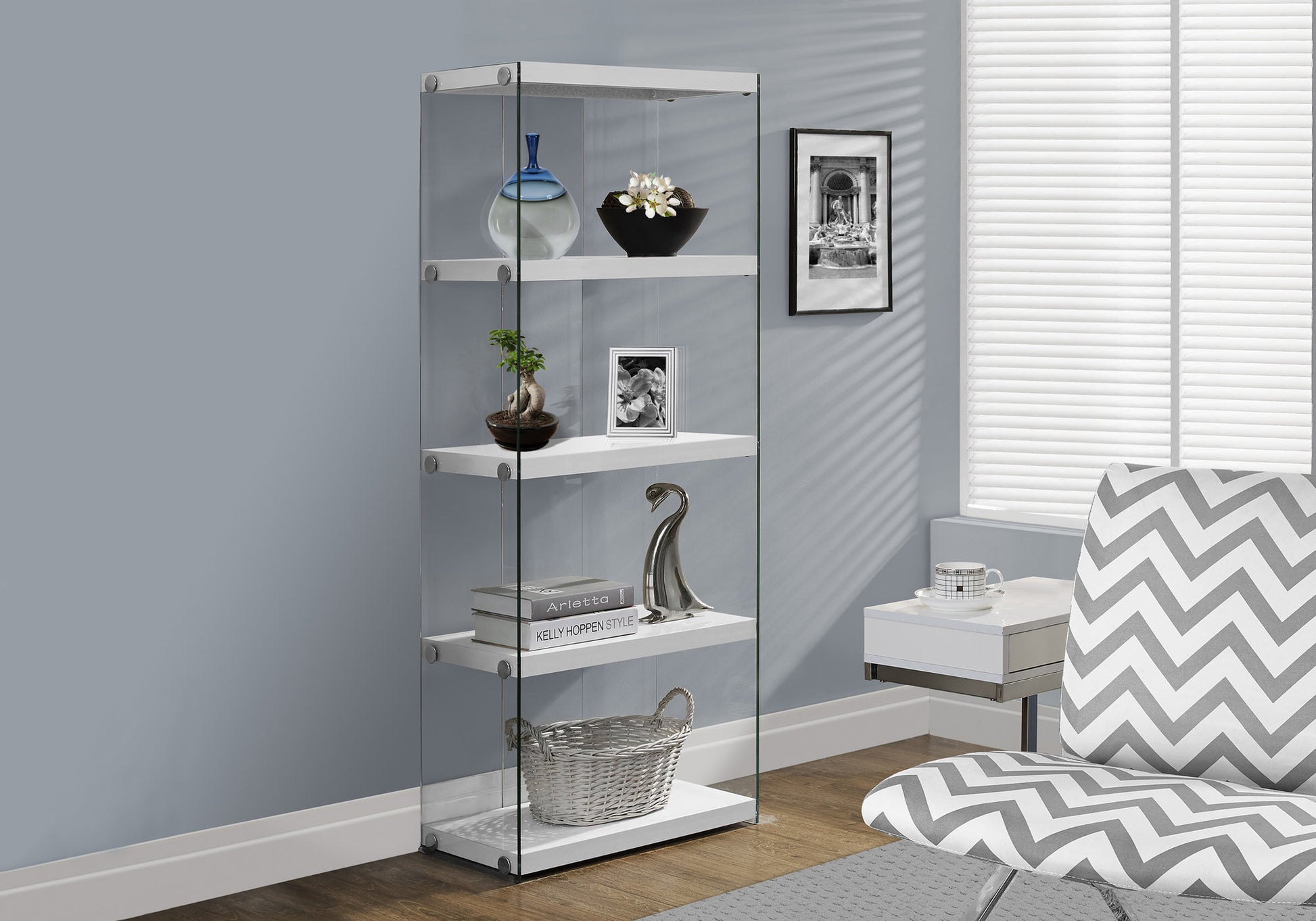Bookcase 60"H Glossy White Tempered Glass 5-Tier-Bookshelf-DECOROLALA