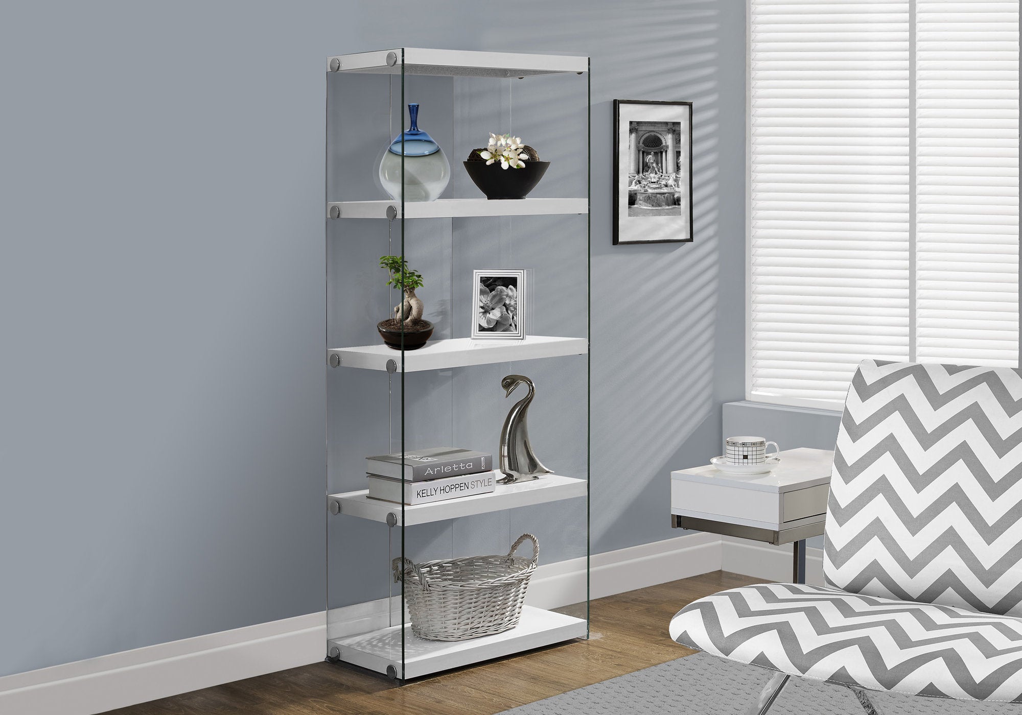 Bookcase 60"H Glossy White Tempered Glass 5-Tier-Bookshelf-DECOROLALA