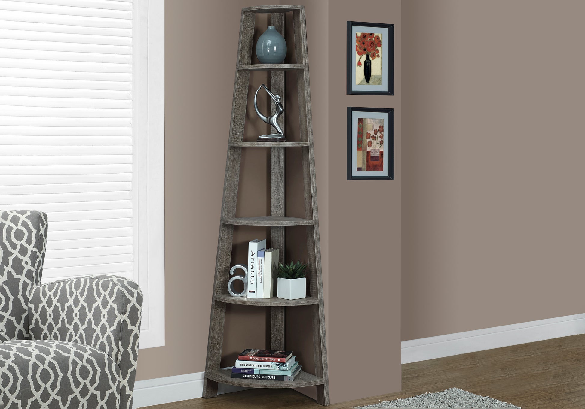 Bookcase - 72""H / Industrial Grey Corner Accent Etagere-Bookshelf-DECOROLALA