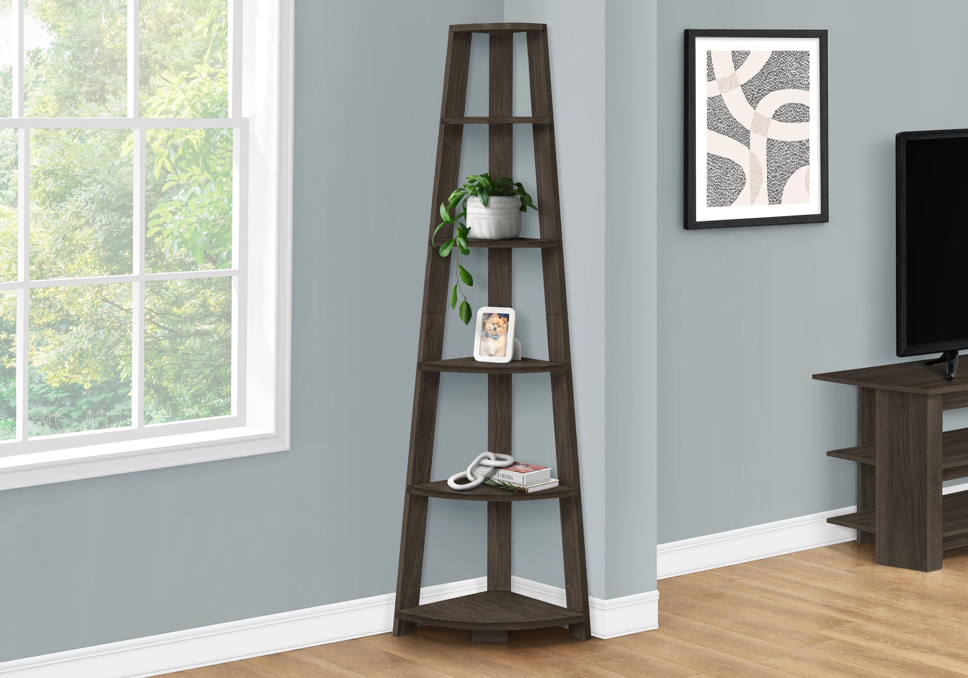 Bookcase - 72""H / Industrial Grey Corner Accent Etagere-Bookshelf-DECOROLALA