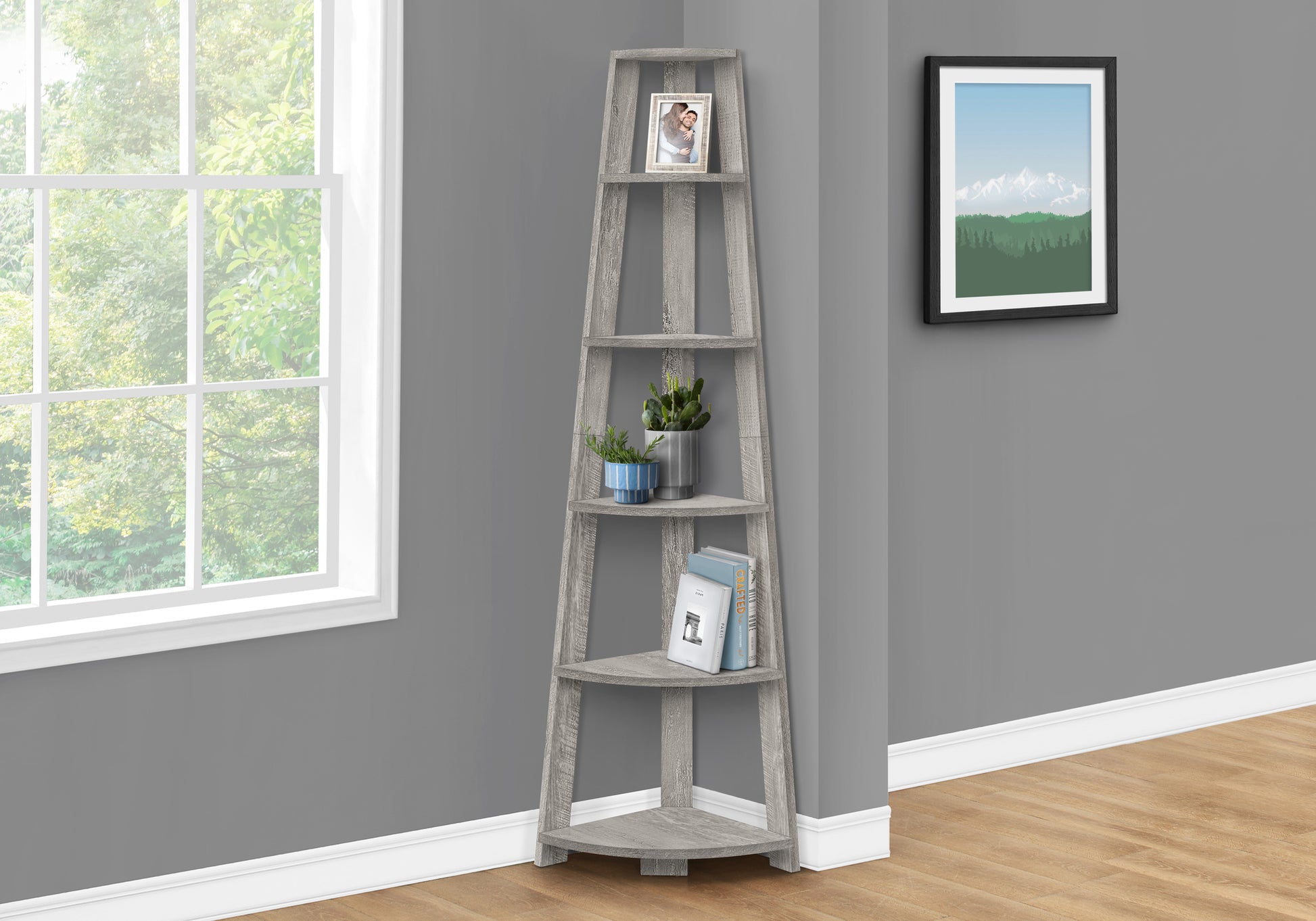 Bookcase - 72""H / Industrial Grey Corner Accent Etagere-Bookshelf-DECOROLALA