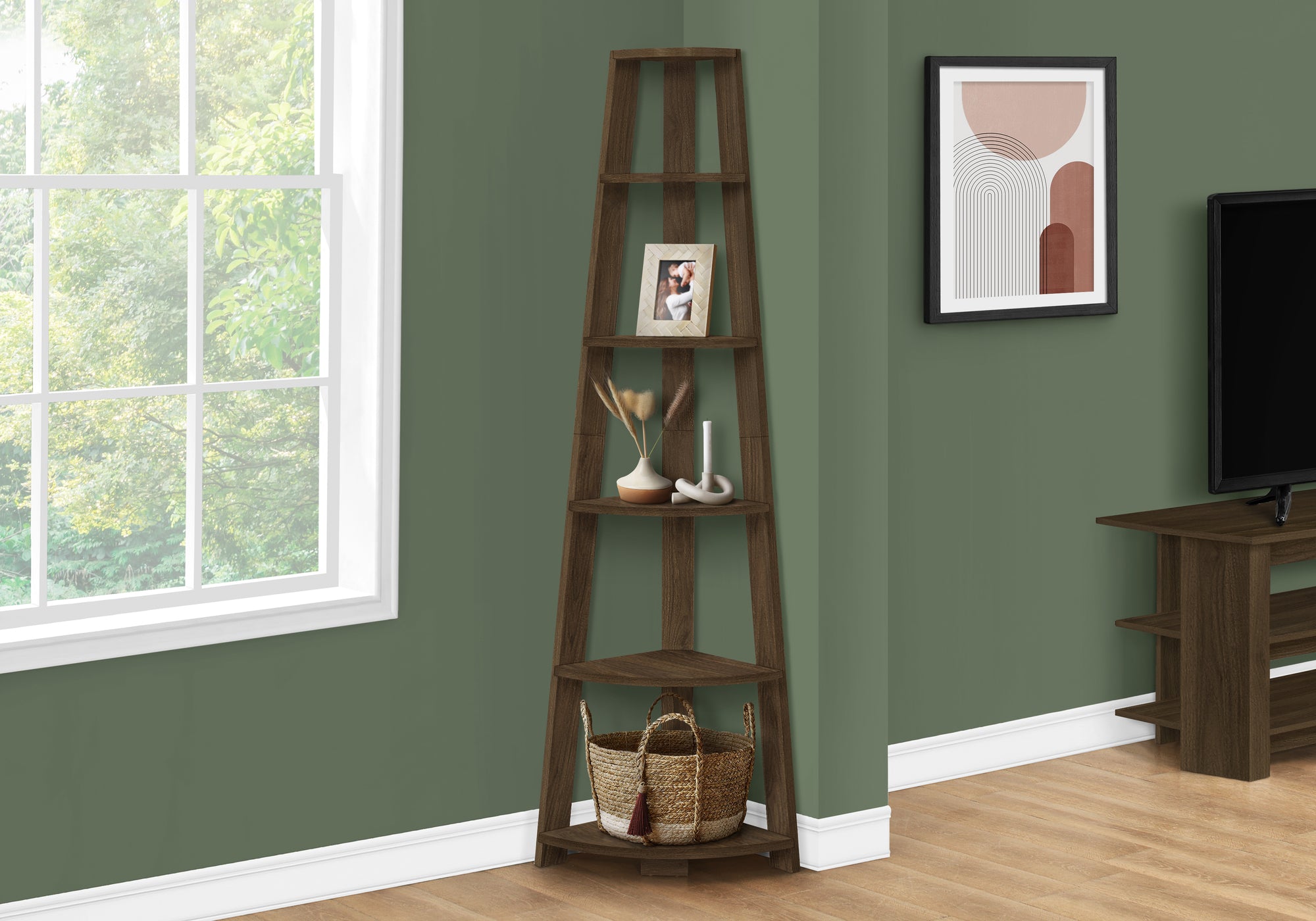 Bookcase 72"H Industrial Grey Corner Etagere-Accent Table-DECOROLALA