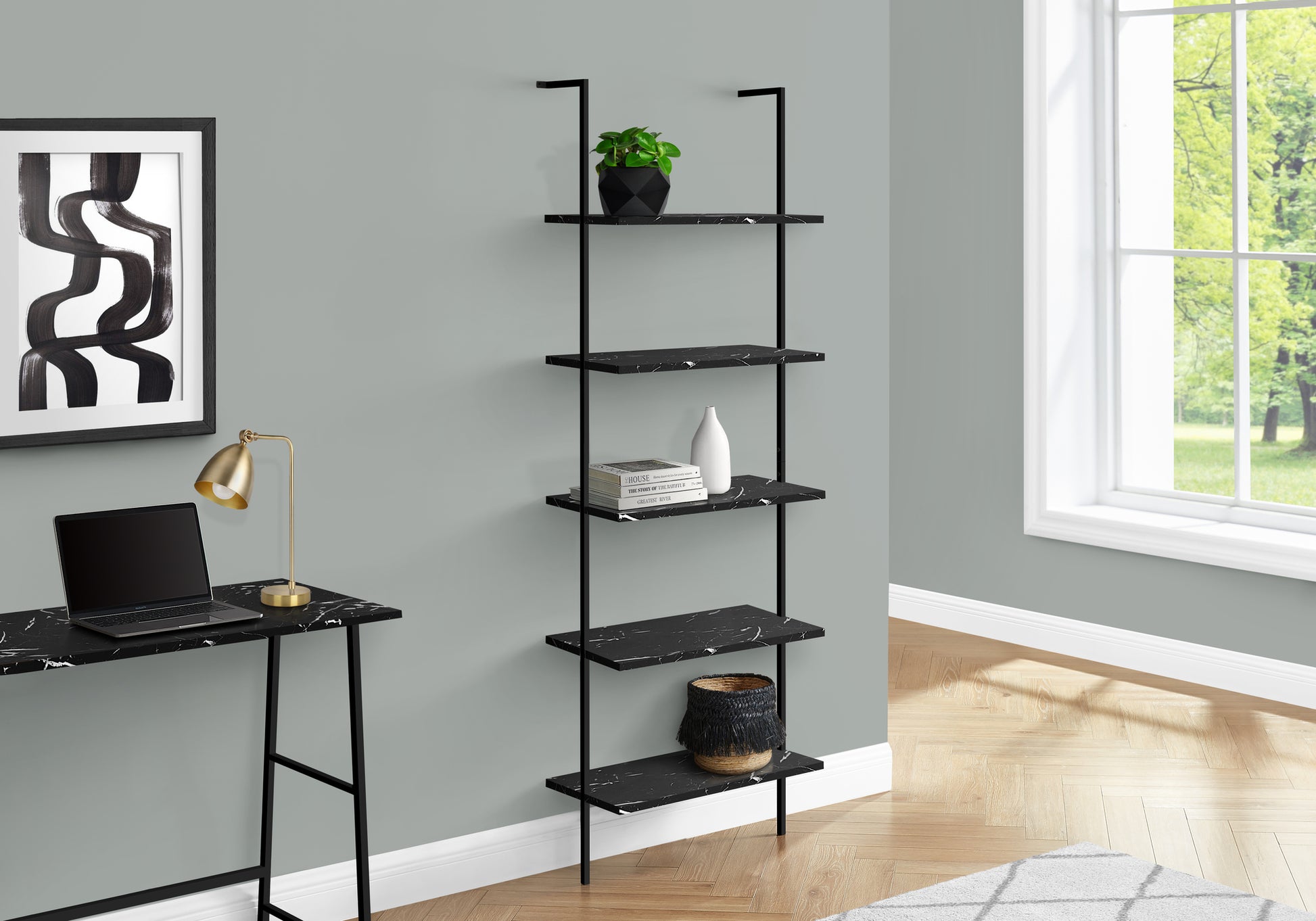 Bookcase - 72"H Ladder Grey / Black Metal-Bookshelf-DECOROLALA