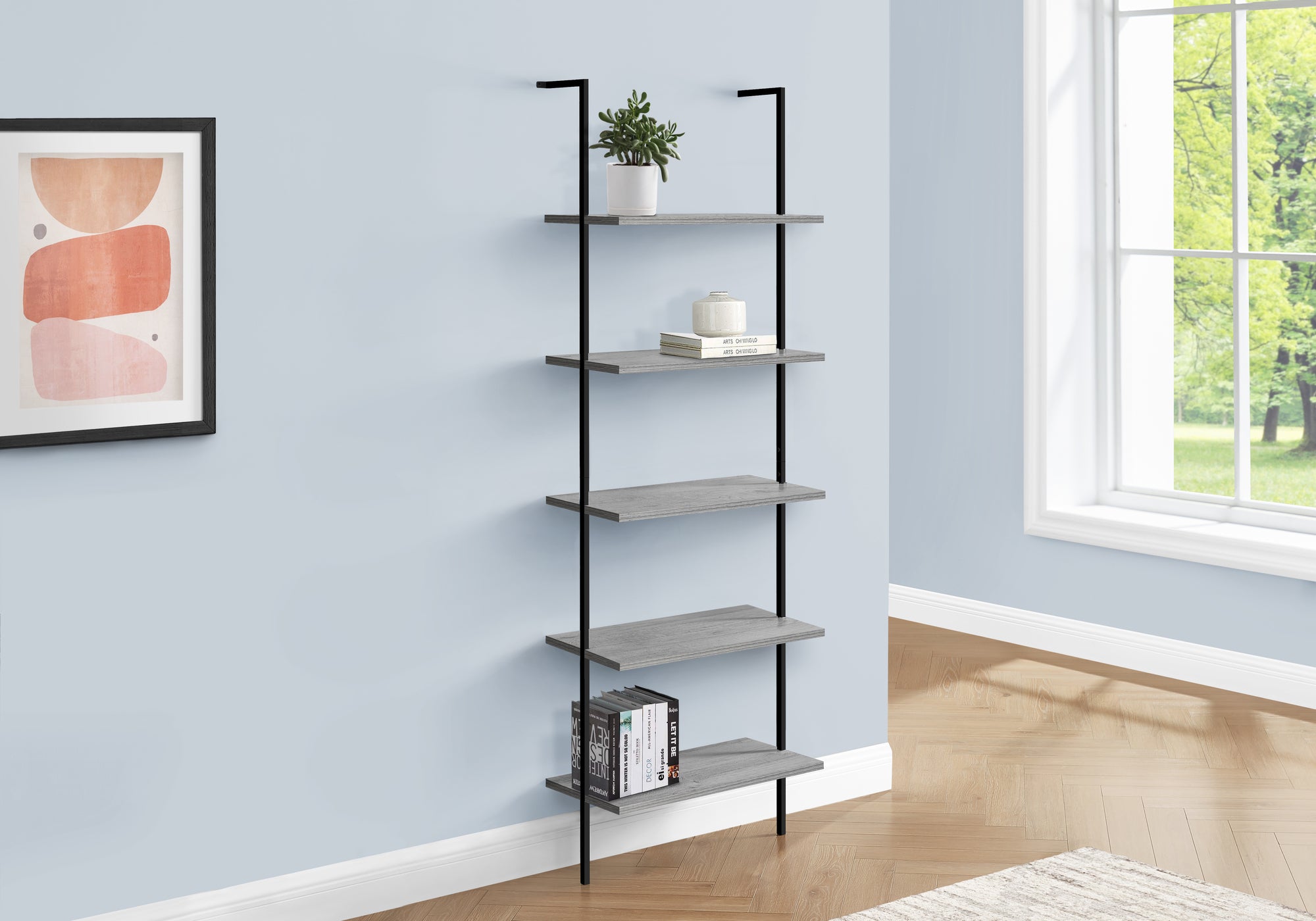 Bookcase - 72"H Ladder Grey / Black Metal-Bookshelf-DECOROLALA