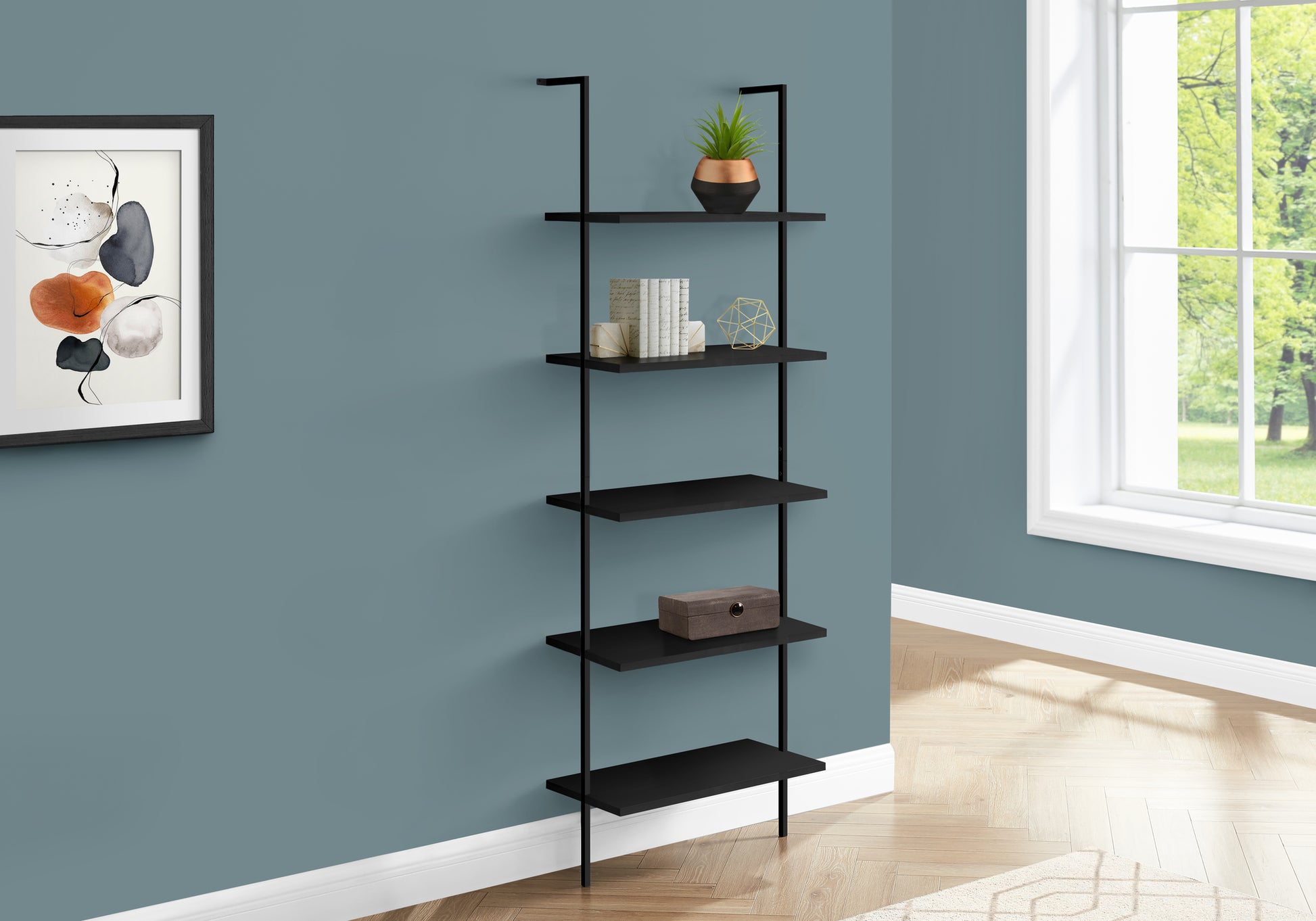 Bookcase - 72"H Ladder Grey / Black Metal-Bookshelf-DECOROLALA