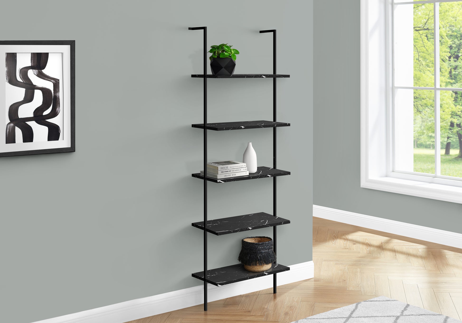 Bookcase - 72"H Ladder Grey / Black Metal-Bookshelf-DECOROLALA