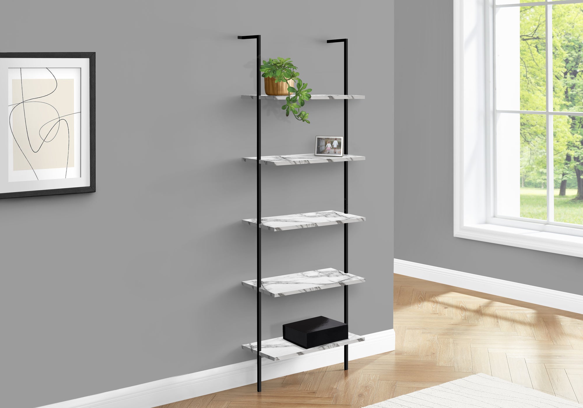 Bookcase - 72"H Ladder Grey / Black Metal-Bookshelf-DECOROLALA