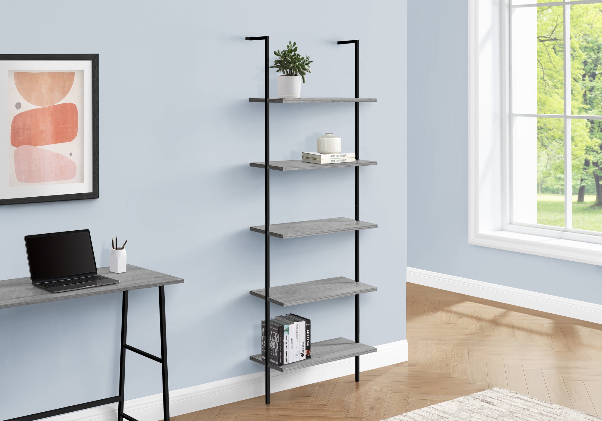 Bookcase - 72"H Ladder Grey / Black Metal-Bookshelf-DECOROLALA