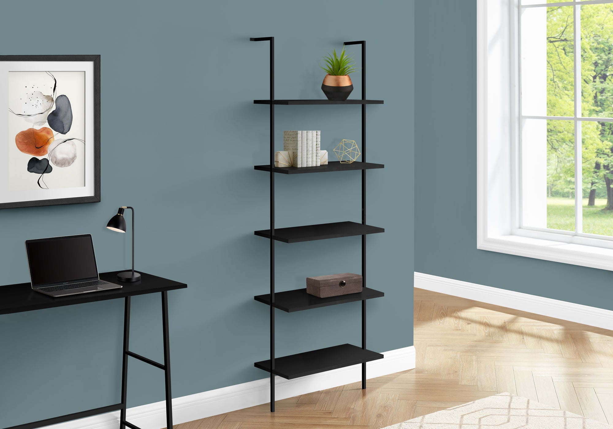 Bookcase - 72"H Ladder Grey/Black Metal-Bookshelf-DECOROLALA