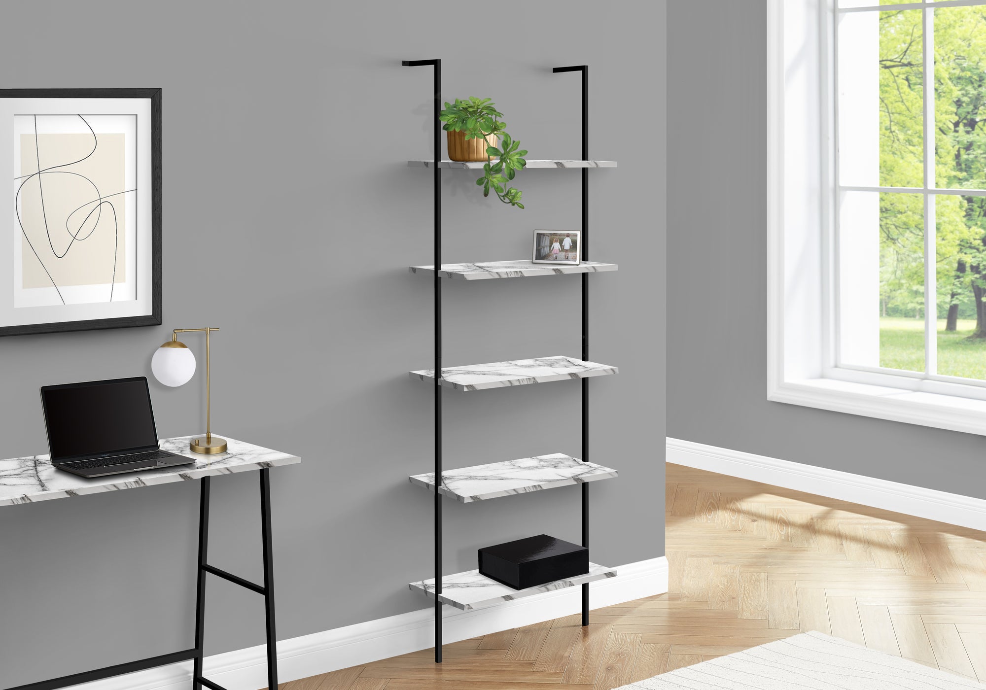 Bookcase - 72"H Ladder Grey/Black Metal-Bookshelf-DECOROLALA
