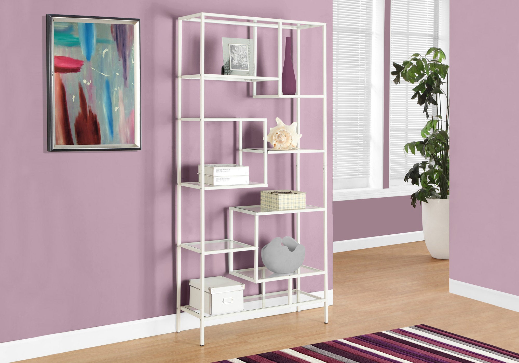 Bookcase 72"H Silver Metal 9 Tempered Glass Shelves-Computer Desk-DECOROLALA