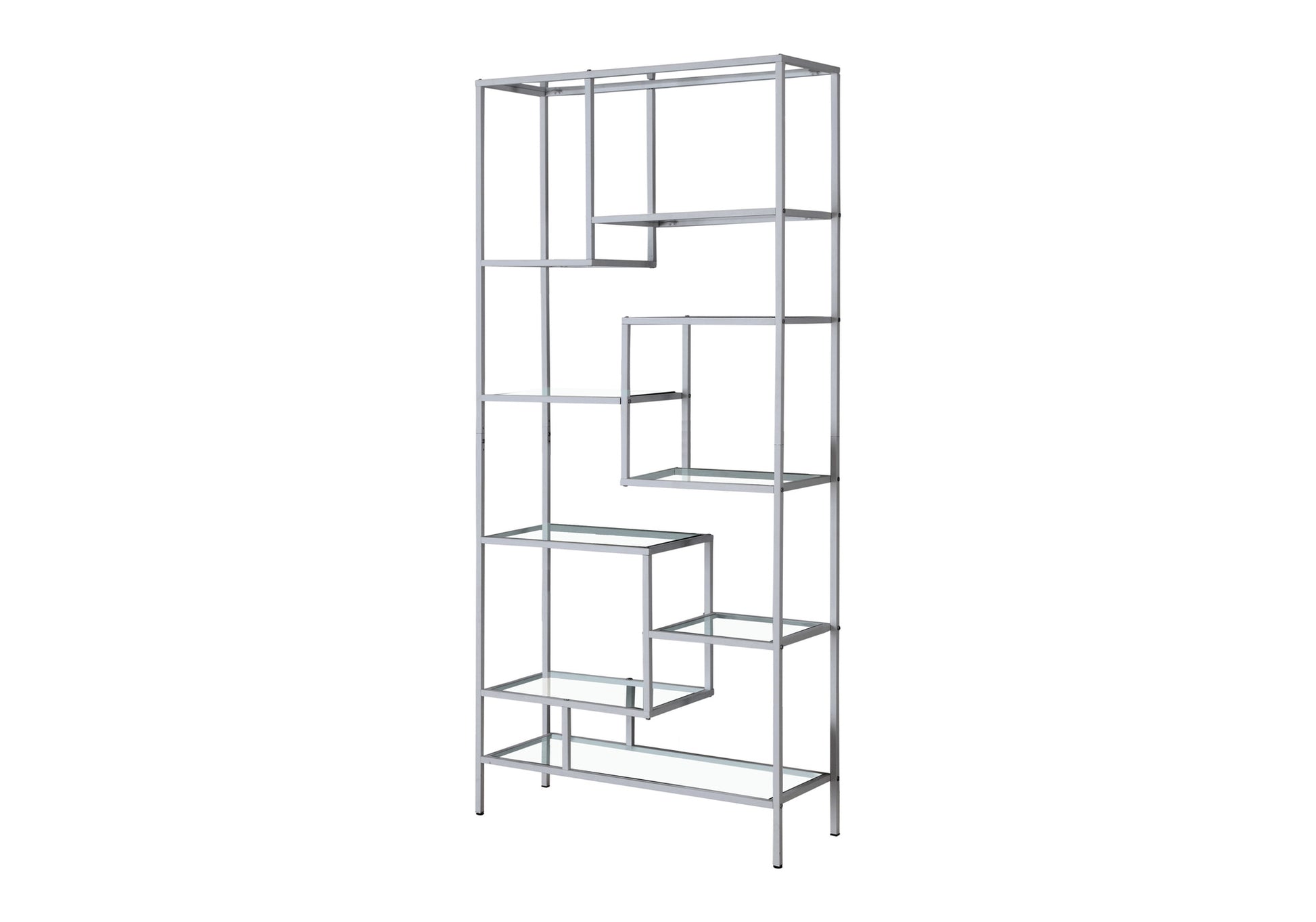 Bookcase 72"H Silver Metal 9 Tempered Glass Shelves-Computer Desk-DECOROLALA