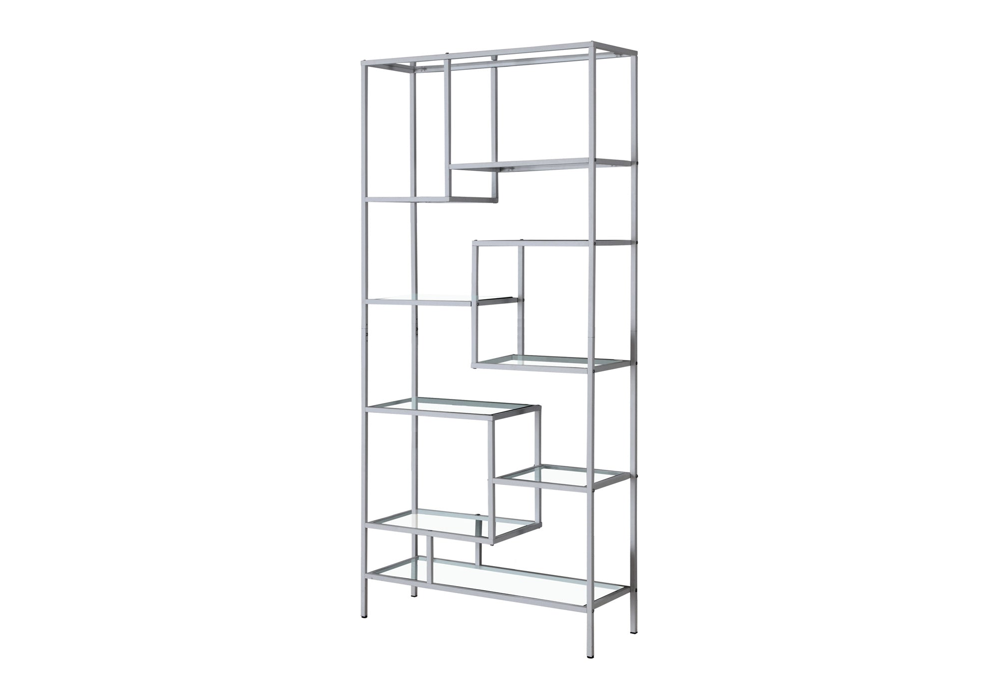 Bookcase 72"H Silver Metal 9 Tempered Glass Shelves-Computer Desk-DECOROLALA