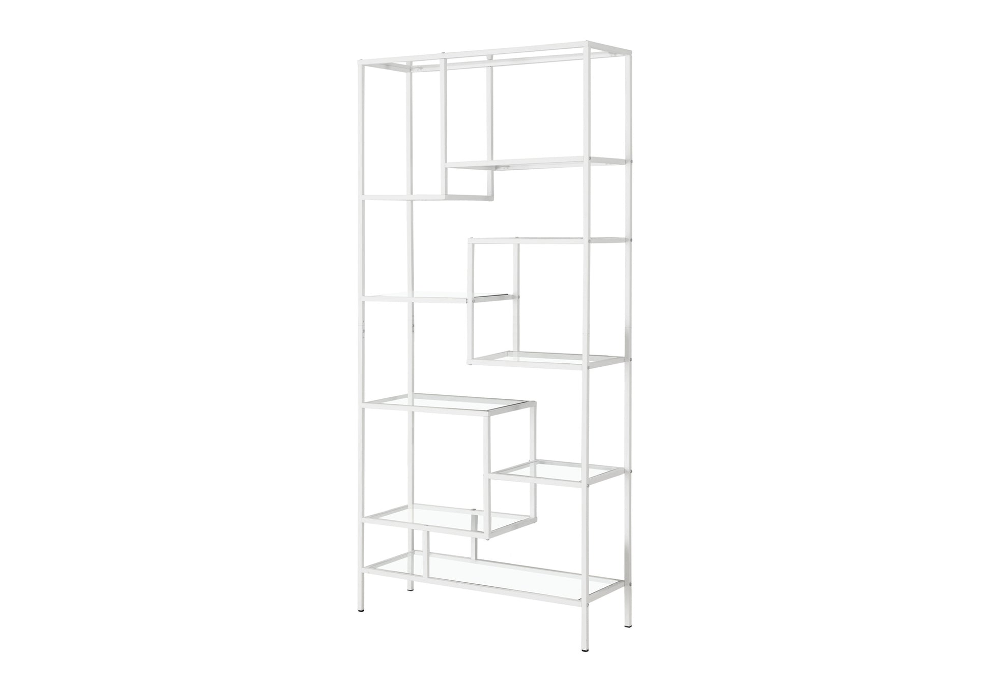 Bookcase 72"H Silver Metal 9 Tempered Glass Shelves-Computer Desk-DECOROLALA