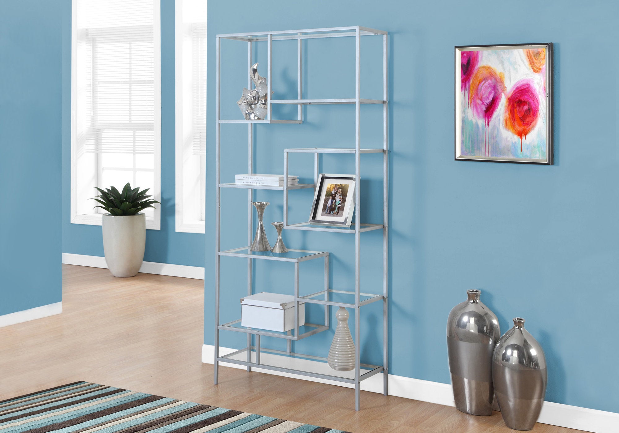 Bookcase 72"H Silver Metal 9 Tempered Glass Shelves-Computer Desk-DECOROLALA
