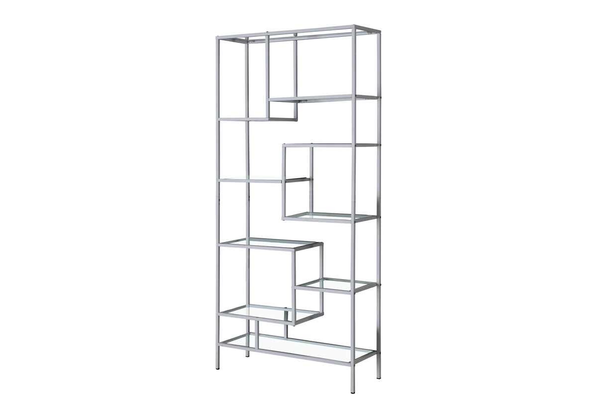 Bookcase 72"H Silver Metal 9 Tempered Glass Shelves-Computer Desks-DECOROLALA