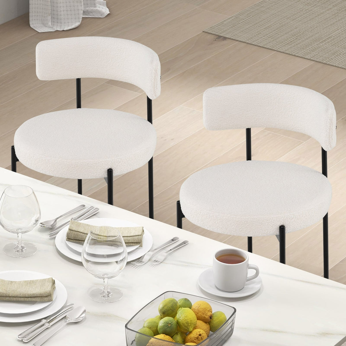 Boucle Dining Chair with Curved Backrest and Metal Legs Set of 4-White-Dining Chairs-DECOROLALA