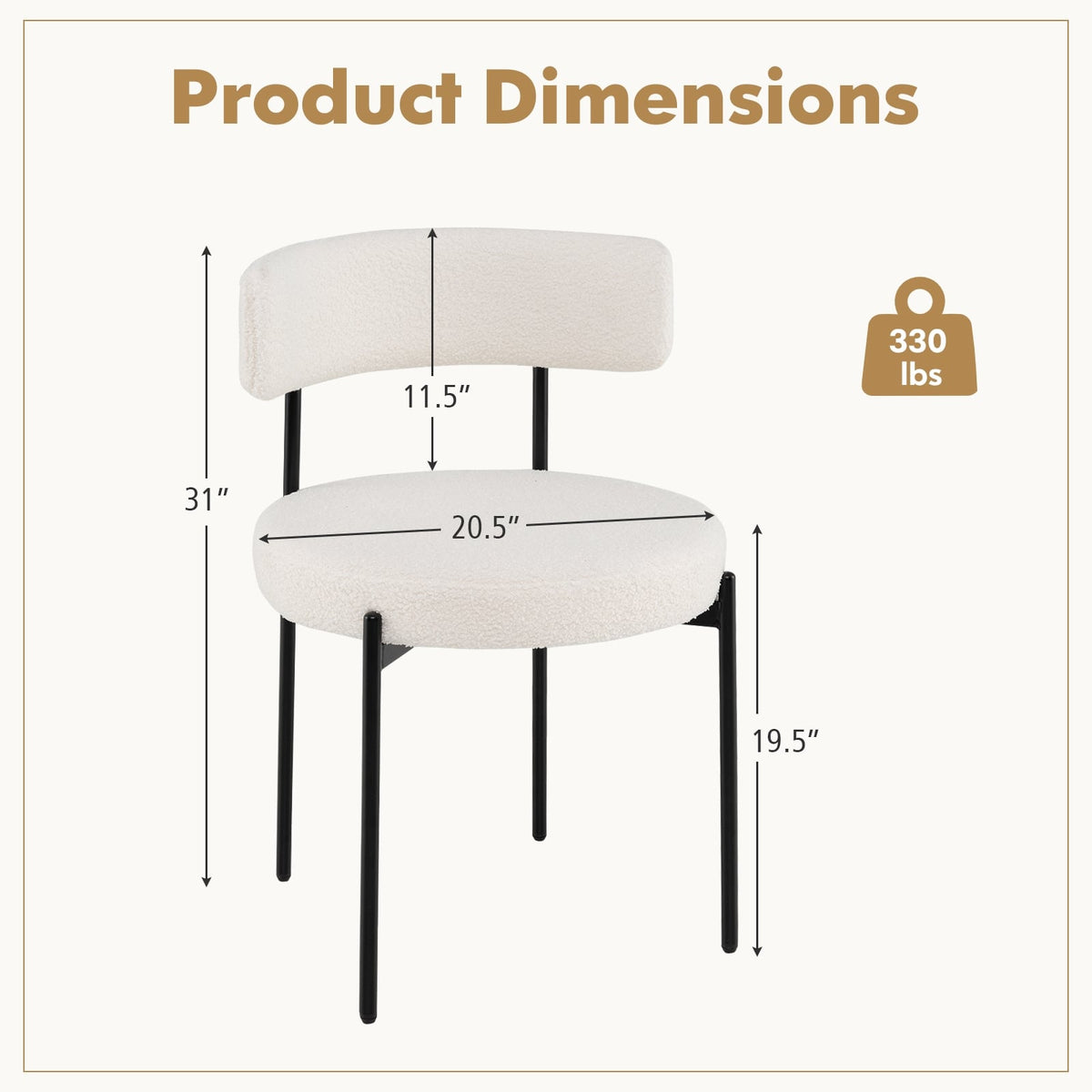 Boucle Dining Chair with Curved Backrest and Metal Legs Set of 4-White-Dining Chairs-DECOROLALA