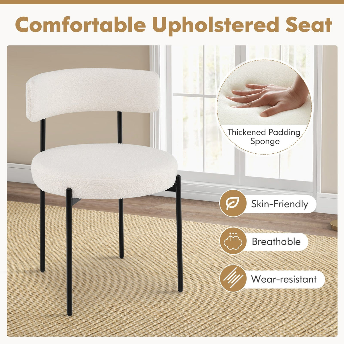 Boucle Dining Chair with Curved Backrest and Metal Legs Set of 4-White-Dining Chairs-DECOROLALA