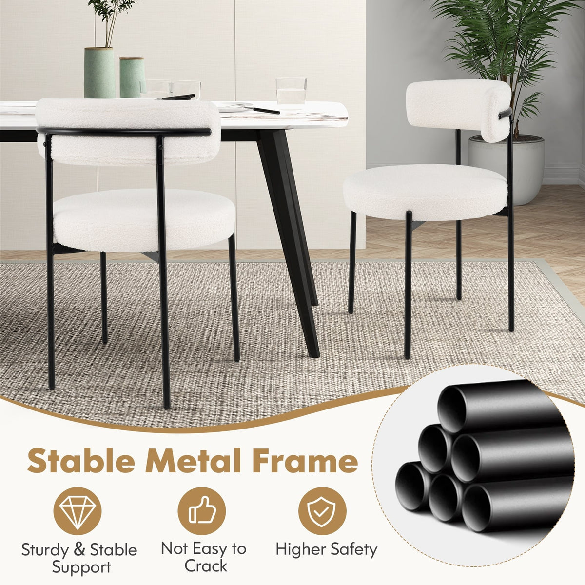 Boucle Dining Chair with Curved Backrest and Metal Legs Set of 4-White-Dining Chairs-DECOROLALA