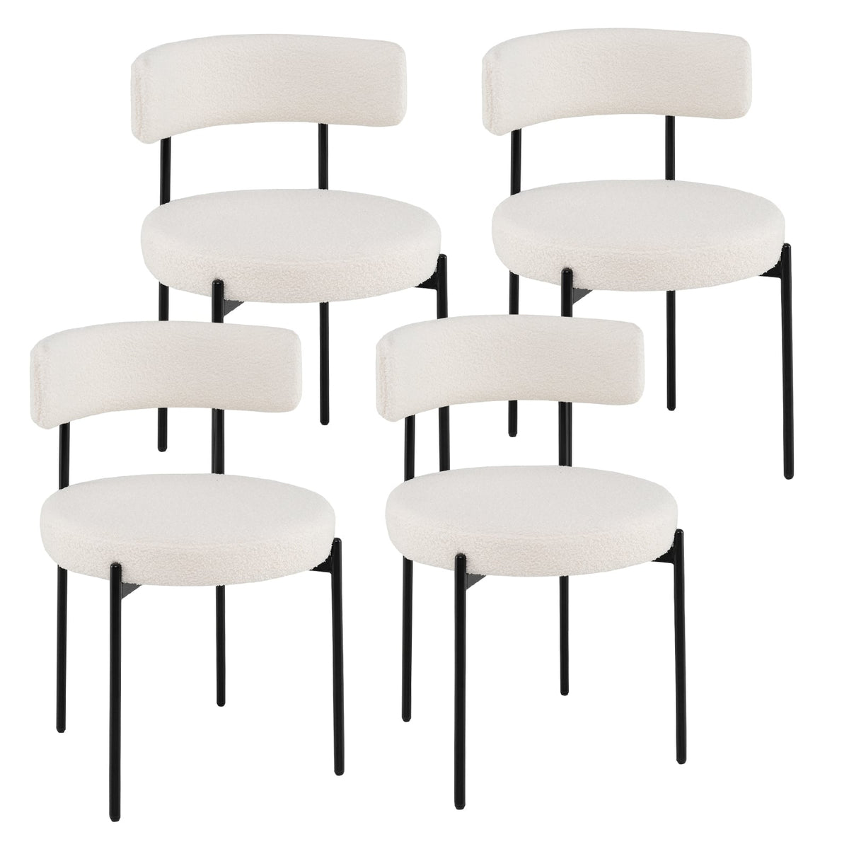 Boucle Dining Chair with Curved Backrest and Metal Legs Set of 4-White-Dining Chairs-DECOROLALA