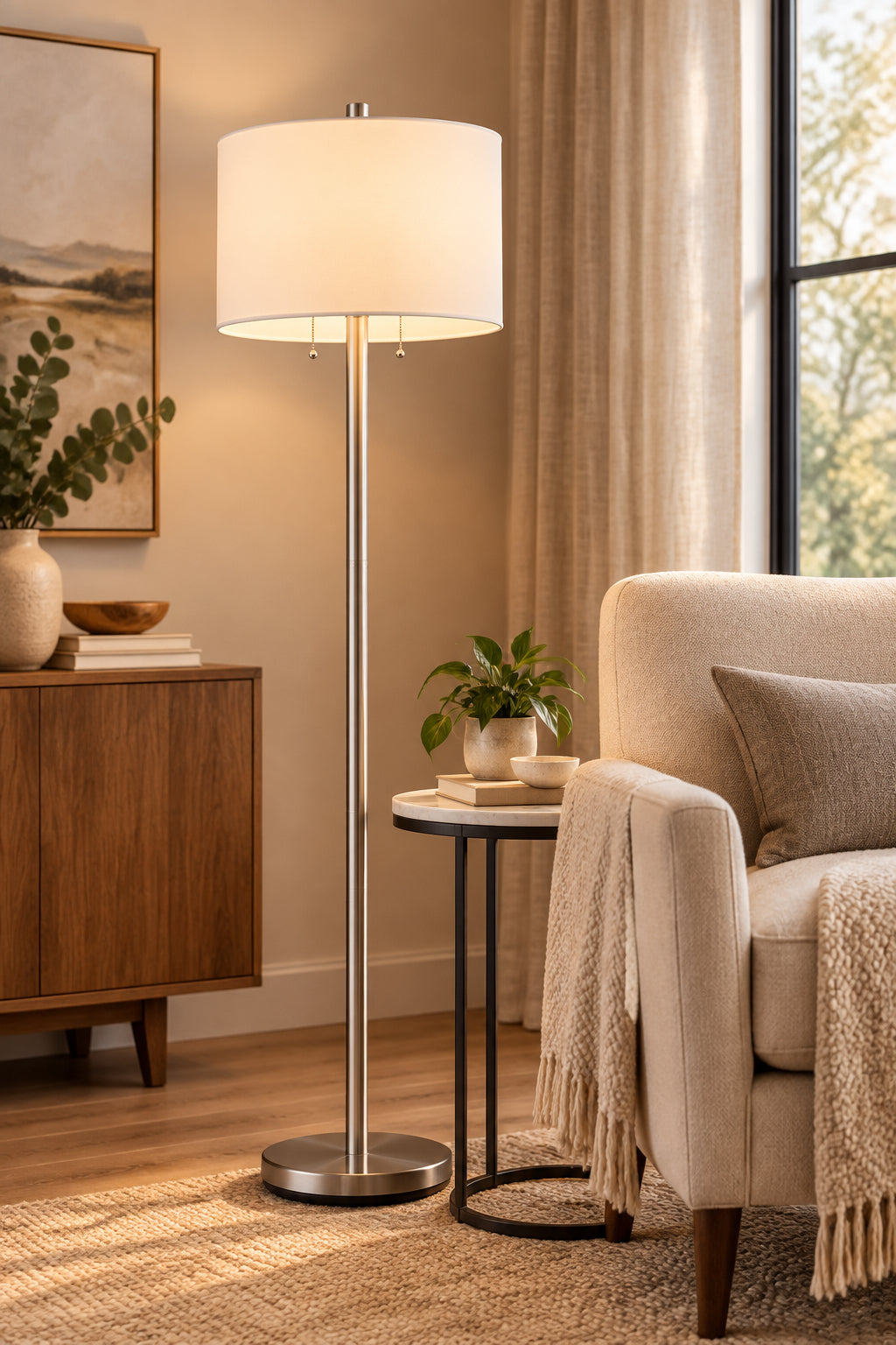 Boulevard Floor Lamp - Satin Steel White Shade-Lighting-DECOROLALA