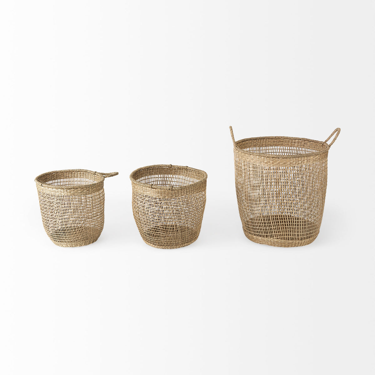 Bowie 19.7L x 19.7W x 19.7H (Set of 3) Medium Brown Seagrass Round Basket W/ Handles-Decorative Baskets-DECOROLALA