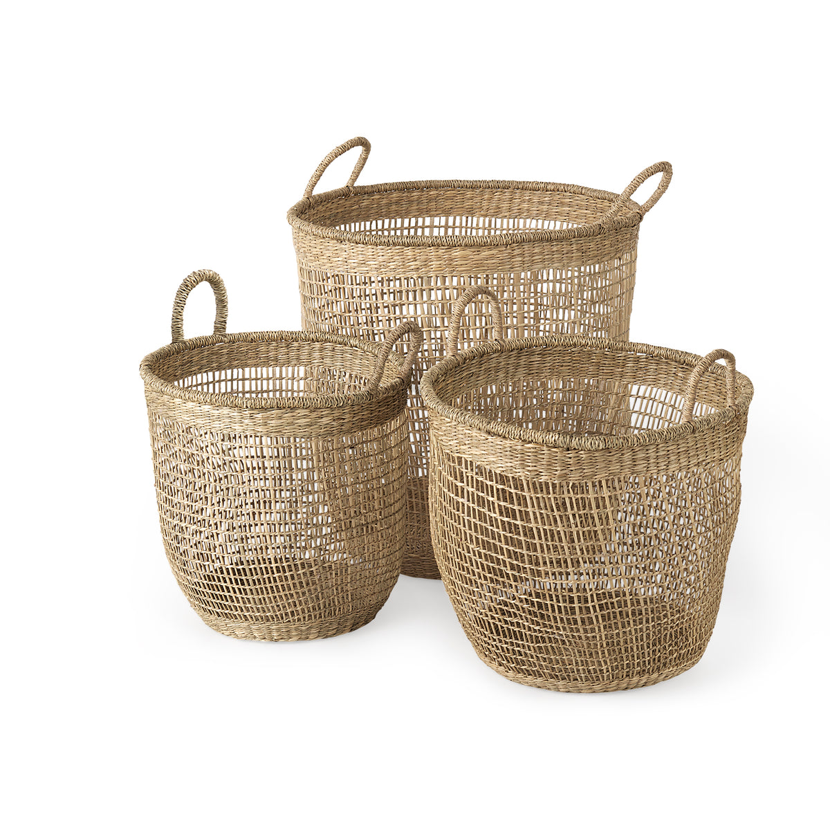 Bowie 19.7L x 19.7W x 19.7H (Set of 3) Medium Brown Seagrass Round Basket W/ Handles-Decorative Baskets-DECOROLALA