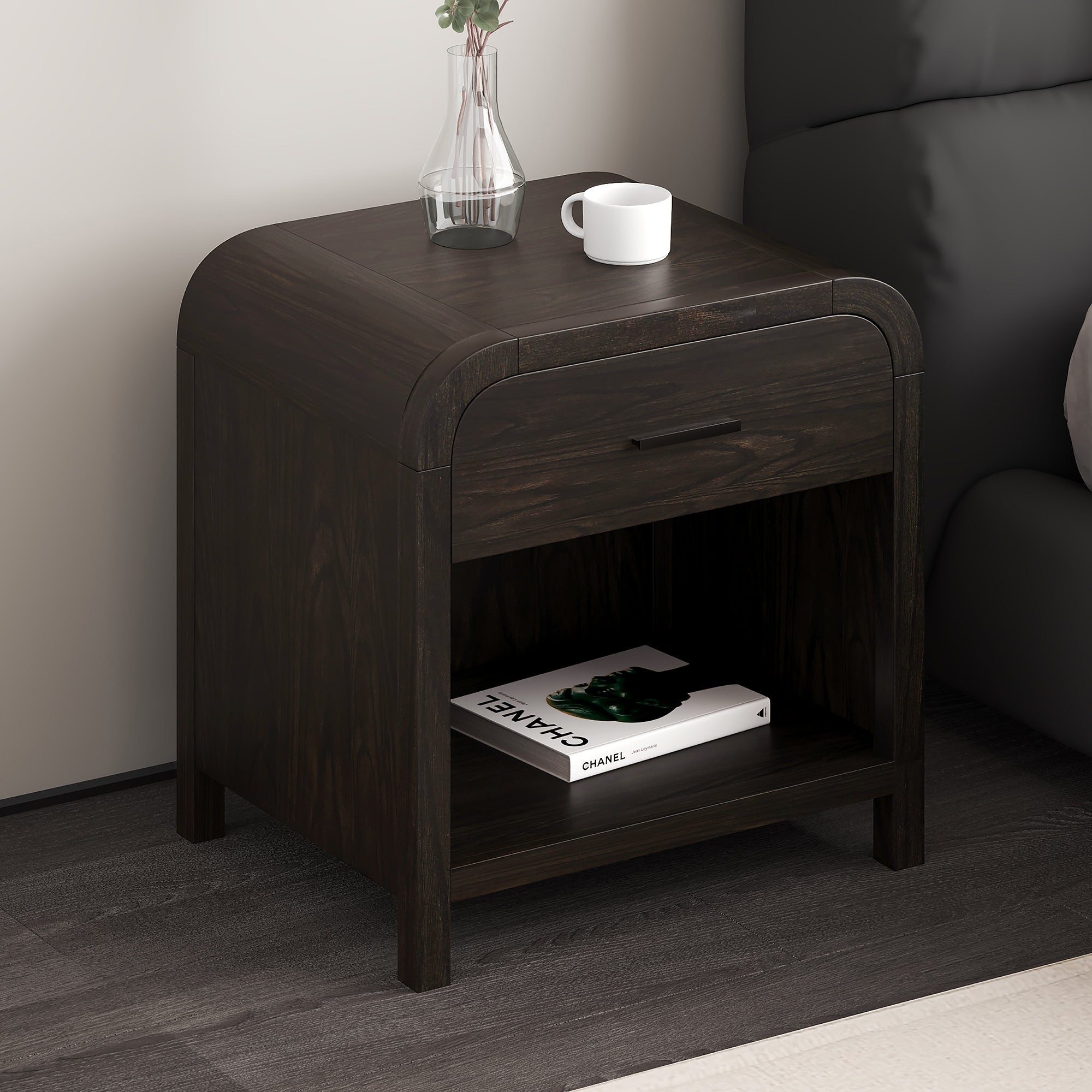 Bowman 1-Drawer Accent Table with Charging Station - Dark Walnut-DECOROLALA