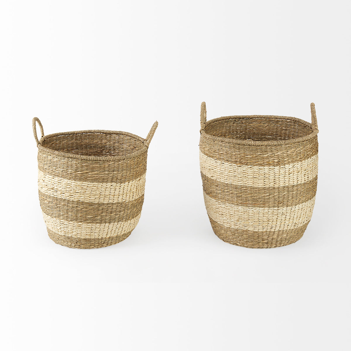 Bradley (Set of 2) Light Brown W/Striped Seagrass Basket W/ Handles-Decorative Baskets-DECOROLALA