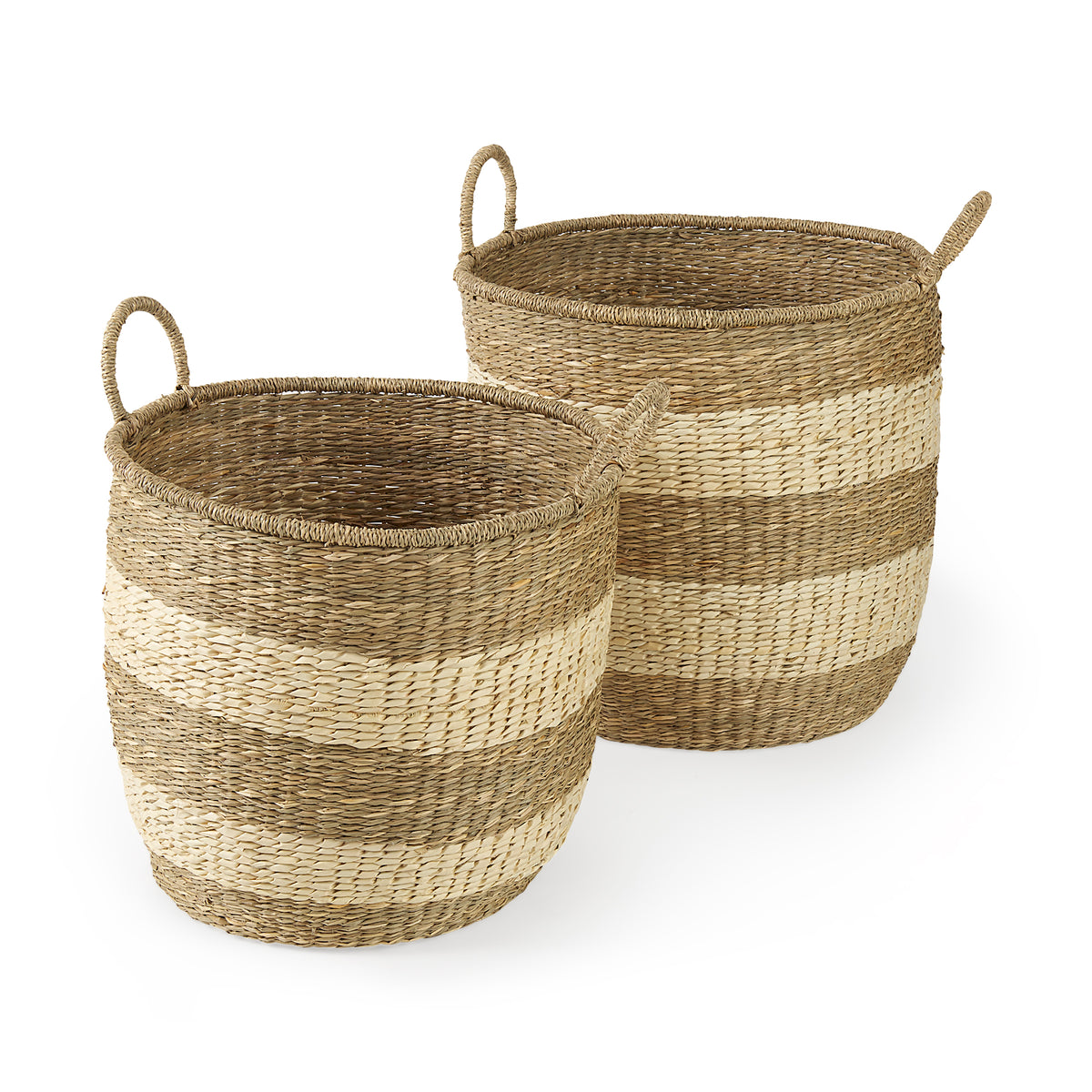 Bradley (Set of 2) Light Brown W/Striped Seagrass Basket W/ Handles-Decorative Baskets-DECOROLALA