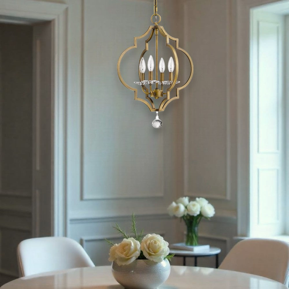 Brass Candle Style Four Light Metal and Crystals Dimmable Chandelier-Chandeliers-DECOROLALA