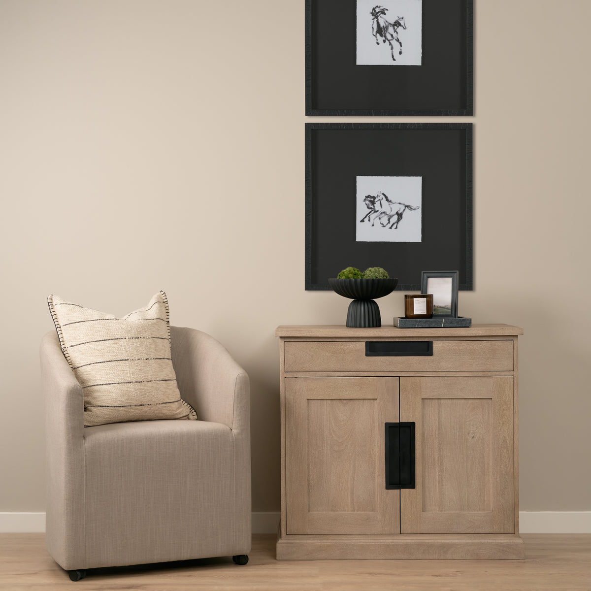 Braxton 33.5L x 18.5W x 31.5H Beige Wood W/Black Accents 2 Door Accent Cabinet-Accent Cabinets & Chests-DECOROLALA