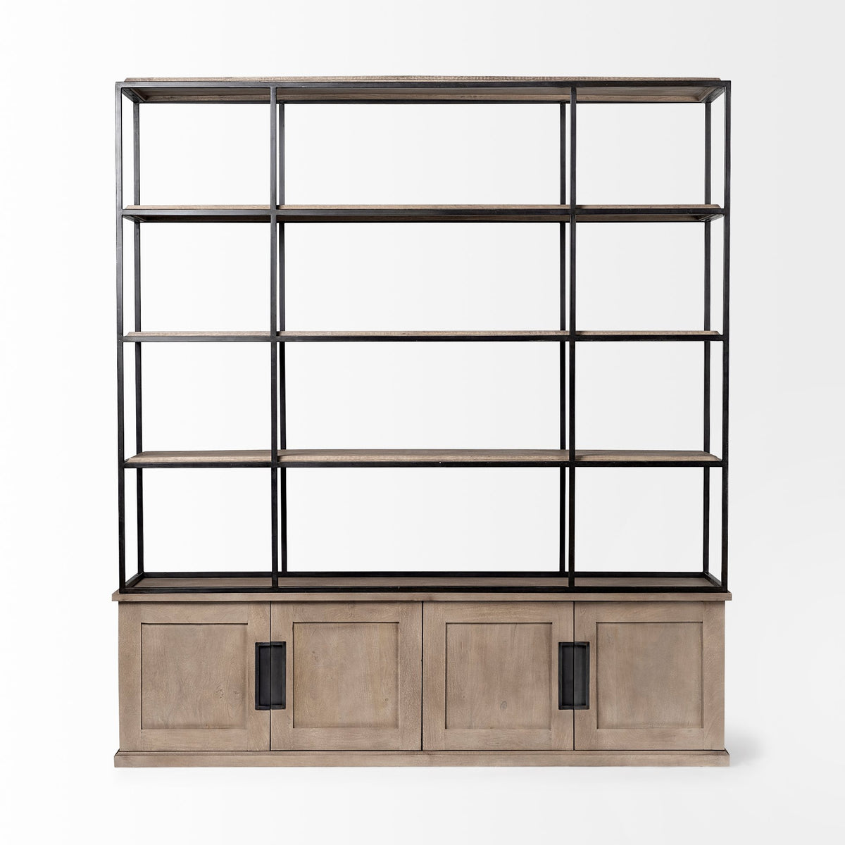 Braxton I Light Brown Wood and Iron Three Shelf Shelving Unit 81.5L x 18.5W x 90-Shelving-DECOROLALA