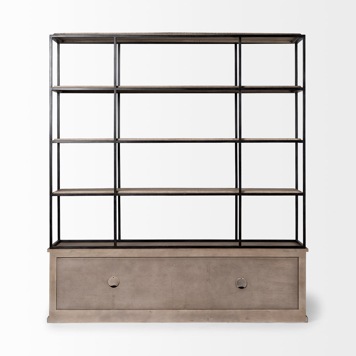 Braxton I Light Brown Wood and Iron Three Shelf Shelving Unit 81.5L x 18.5W x 90-Shelving-DECOROLALA
