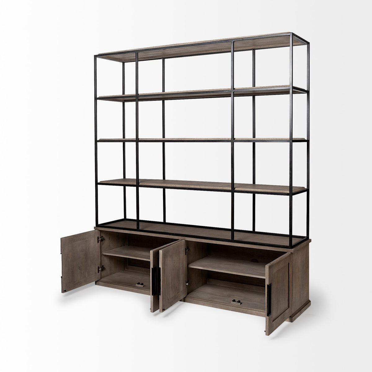 Braxton I Light Brown Wood and Iron Three Shelf Shelving Unit 81.5L x 18.5W x 90-Shelving-DECOROLALA