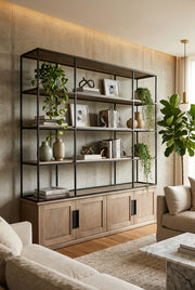 Braxton I Light Brown Wood and Iron Three Shelf Shelving Unit 81.5L x 18.5W x 90-Shelving-DECOROLALA