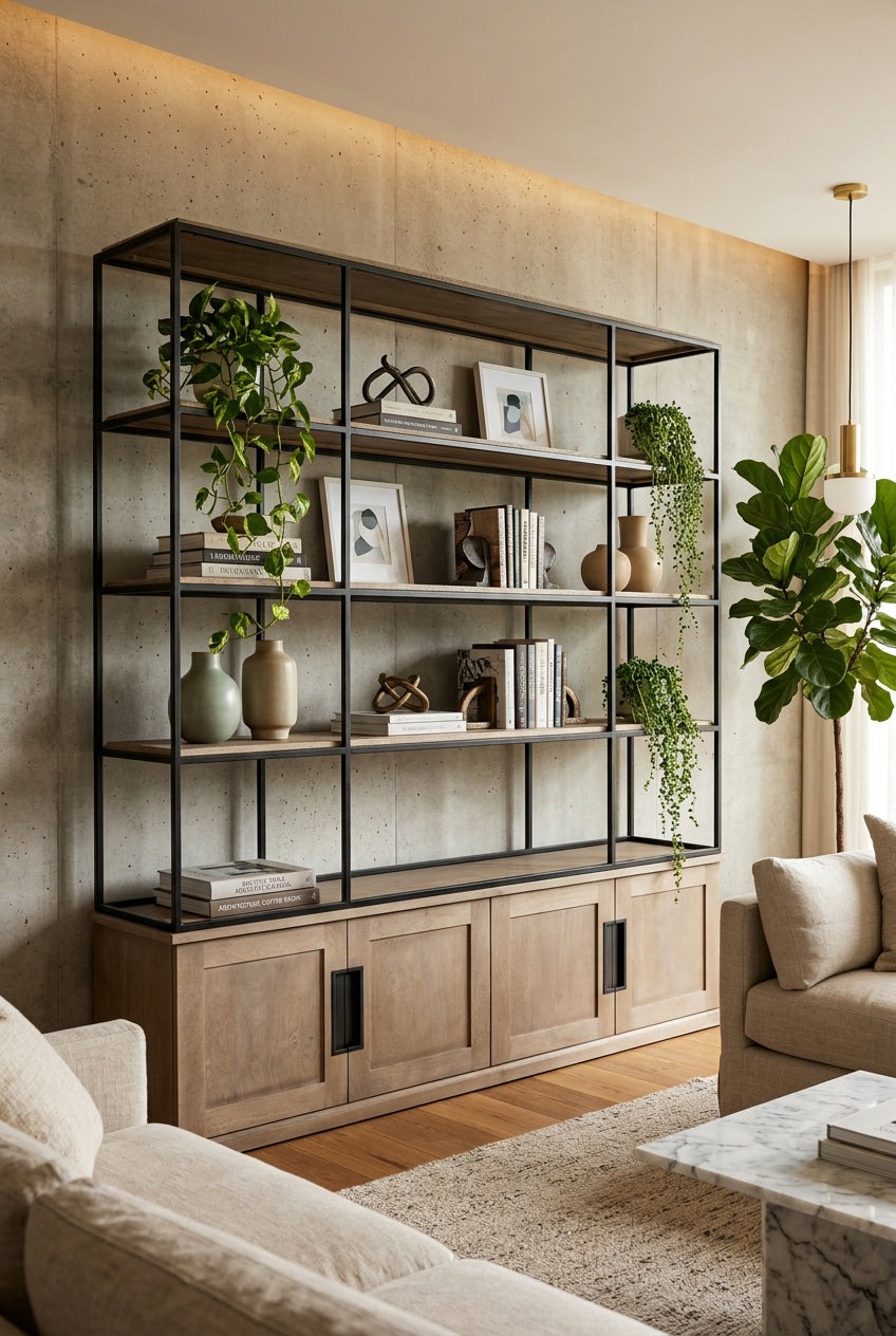 Braxton I Light Brown Wood and Iron Three Shelf Shelving Unit 81.5L x 18.5W x 90-Shelving-DECOROLALA