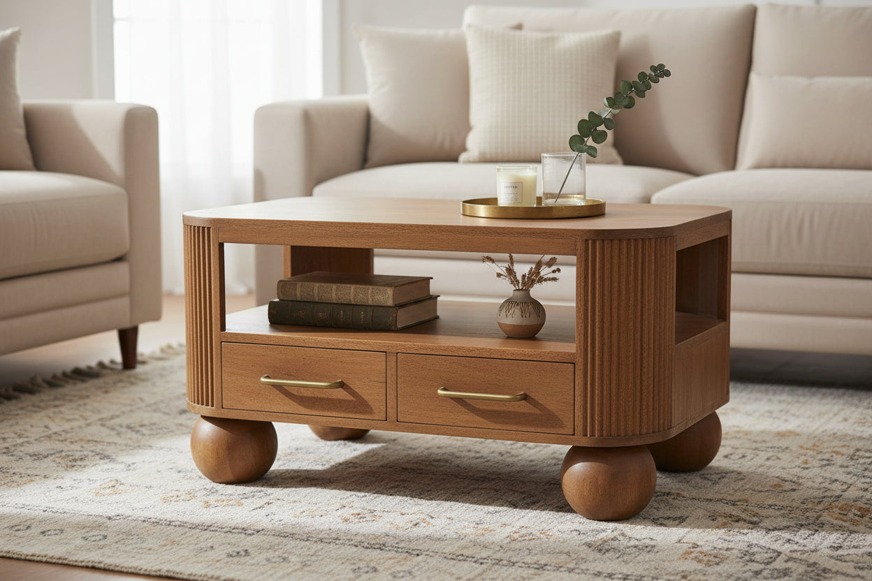 Briarwood Fluted Coffee Table - Solid Mango Wood Golden Teak-Coffee Table-DECOROLALA